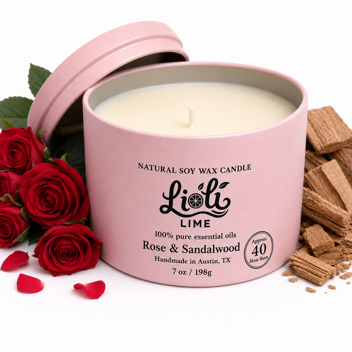 Rose and Sandalwood 100% Soy Wax Natural Candle 7 oz