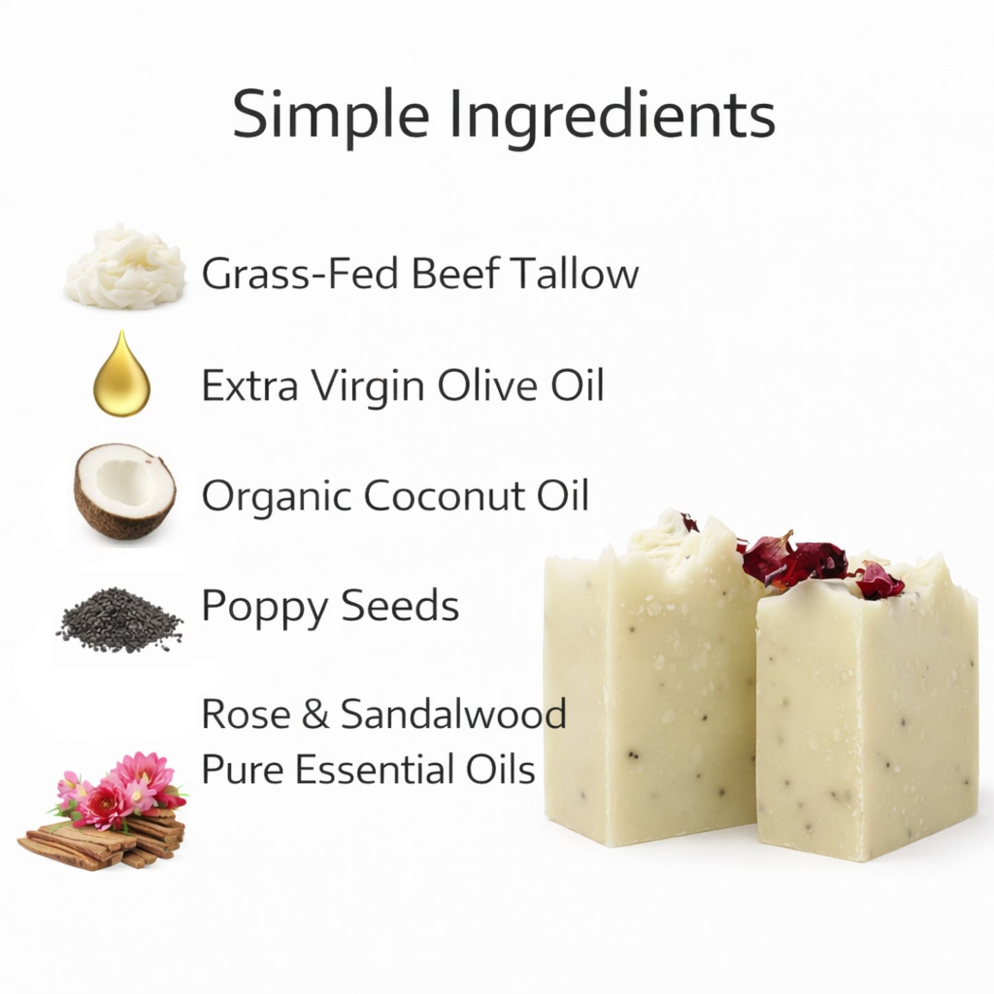 Rose & Sandalwood scented Luxury Handmade Beef Tallow Soap Bar (1 bar - 3.5oz)